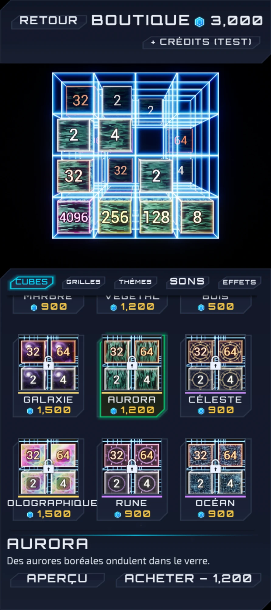 The shop, Cubes tab: the Nebula equipped, other materials to unlock