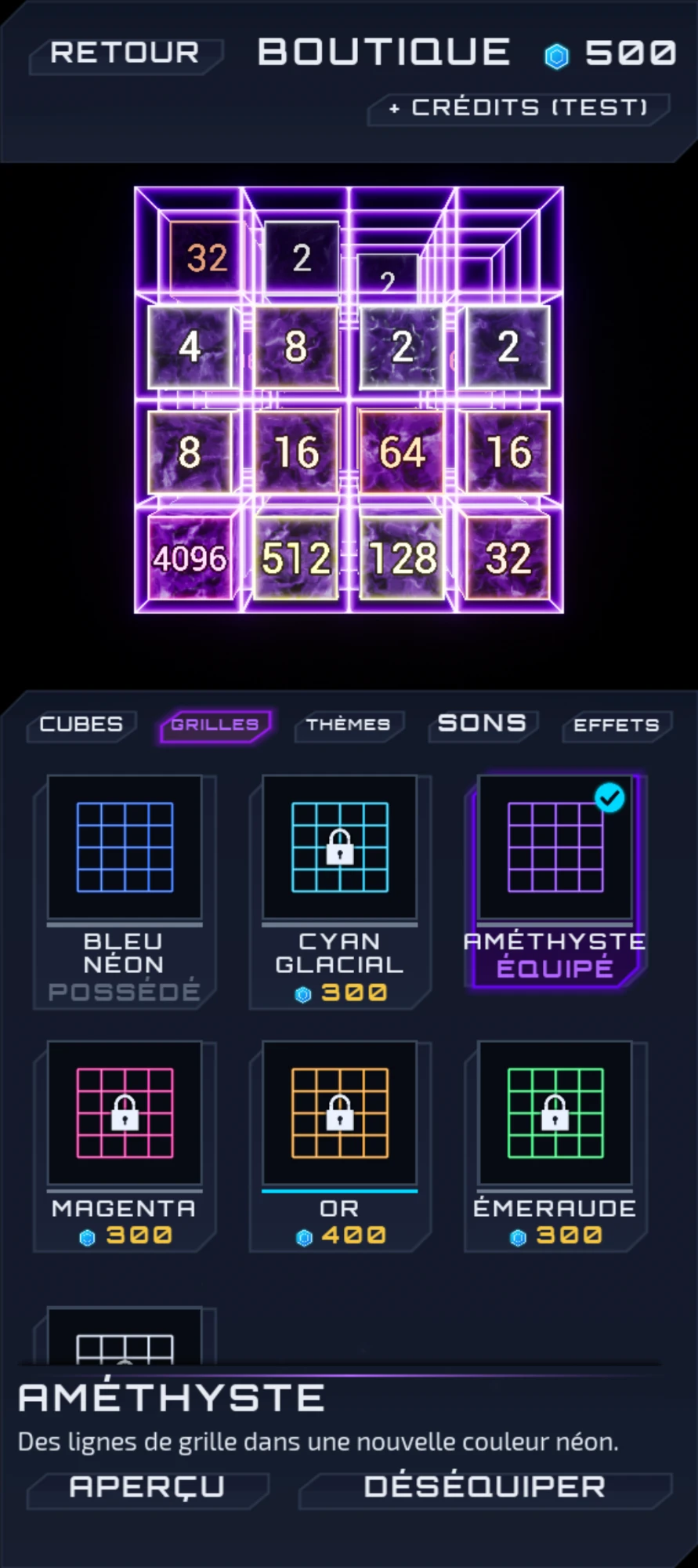 The shop, Grids tab: coloured grids
