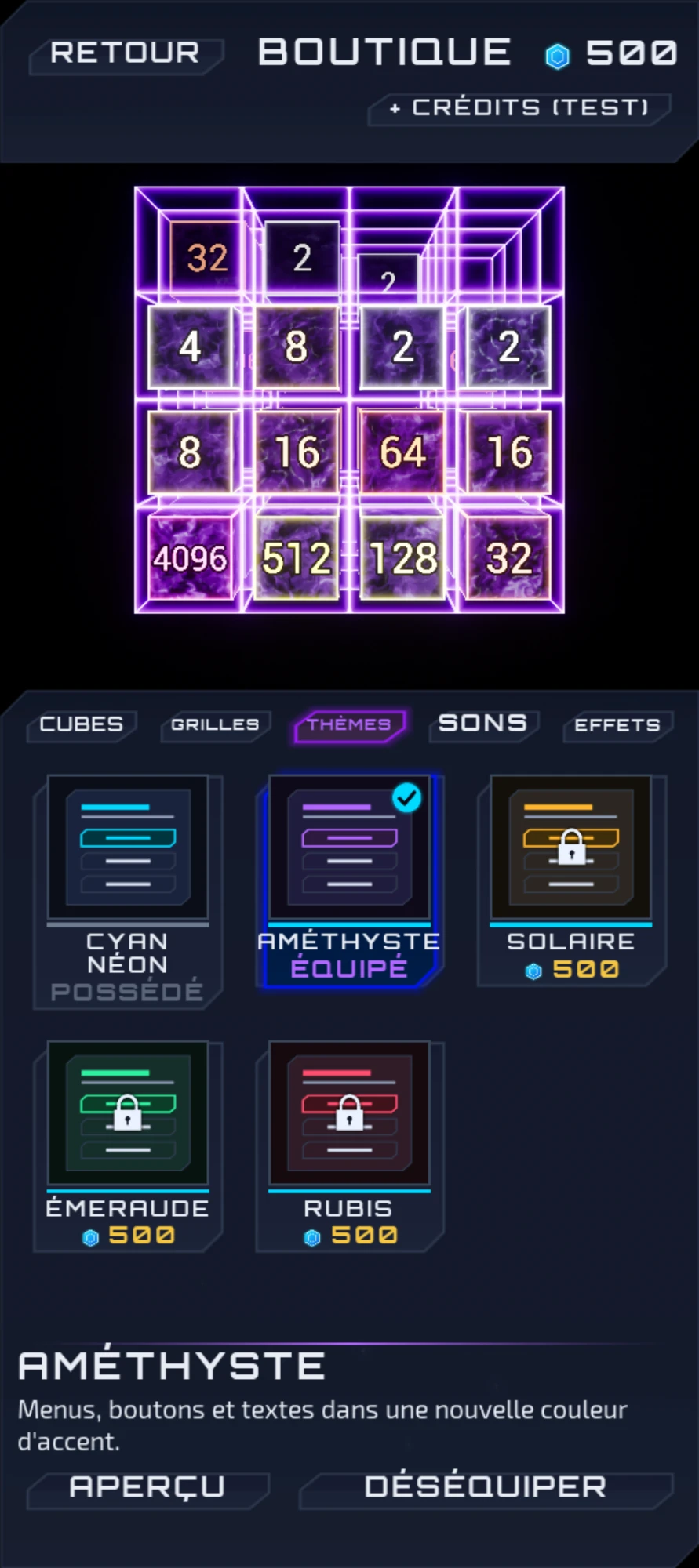 The shop, Themes tab: the interface in amethyst