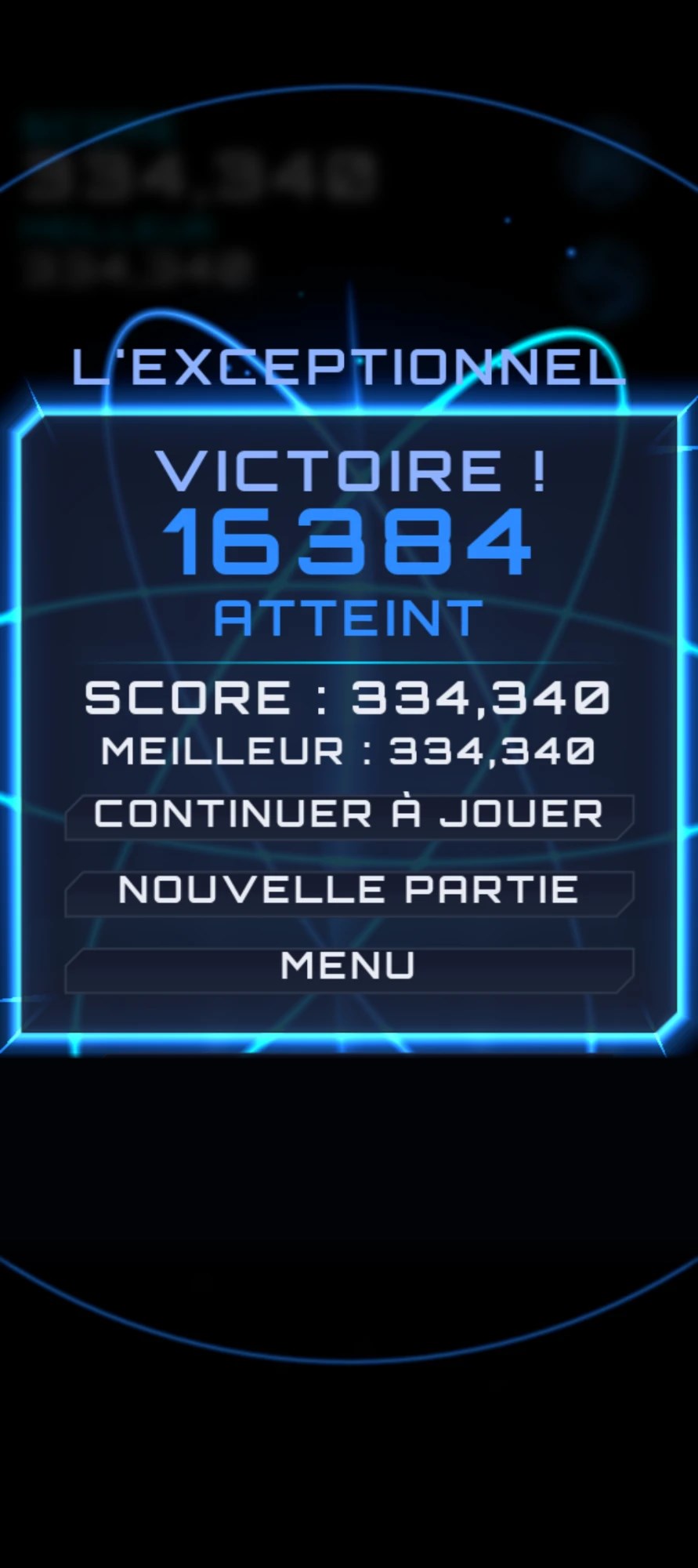 Blue “The Exceptional” victory screen for the 16,384 tile, surrounded by energy rings