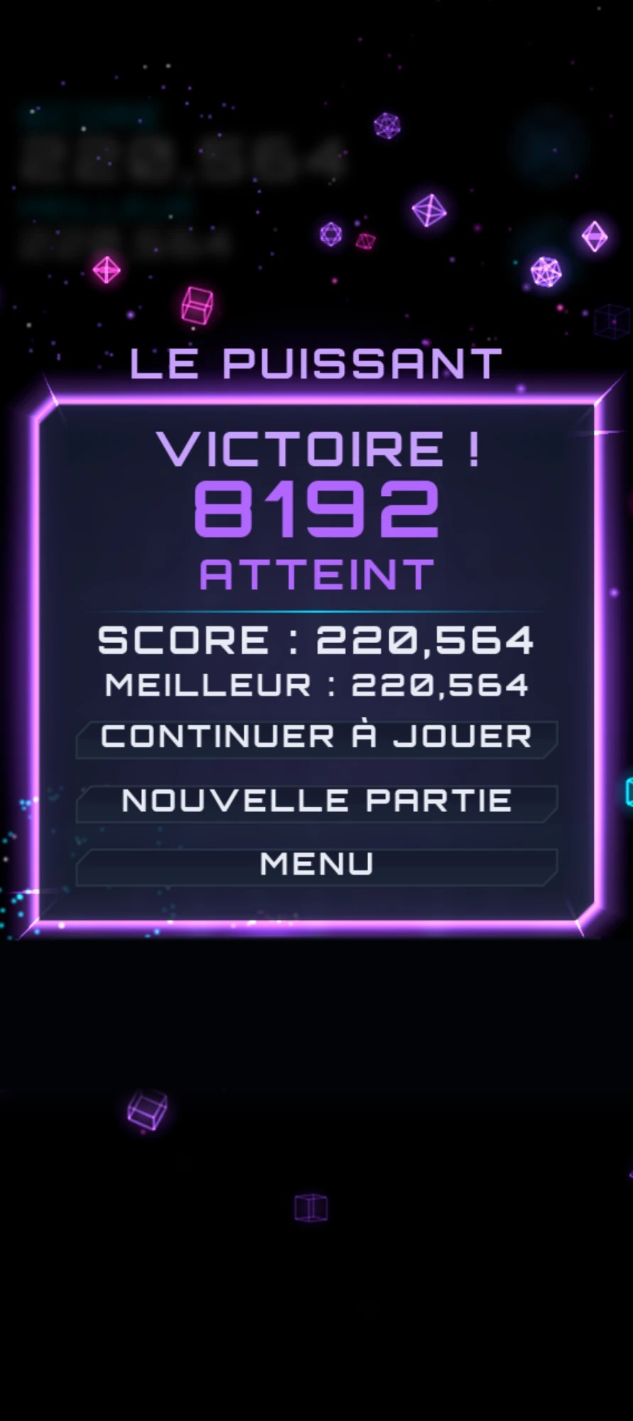 Purple “The Mighty” victory screen for the 8192 tile, 3D geometric shapes all around