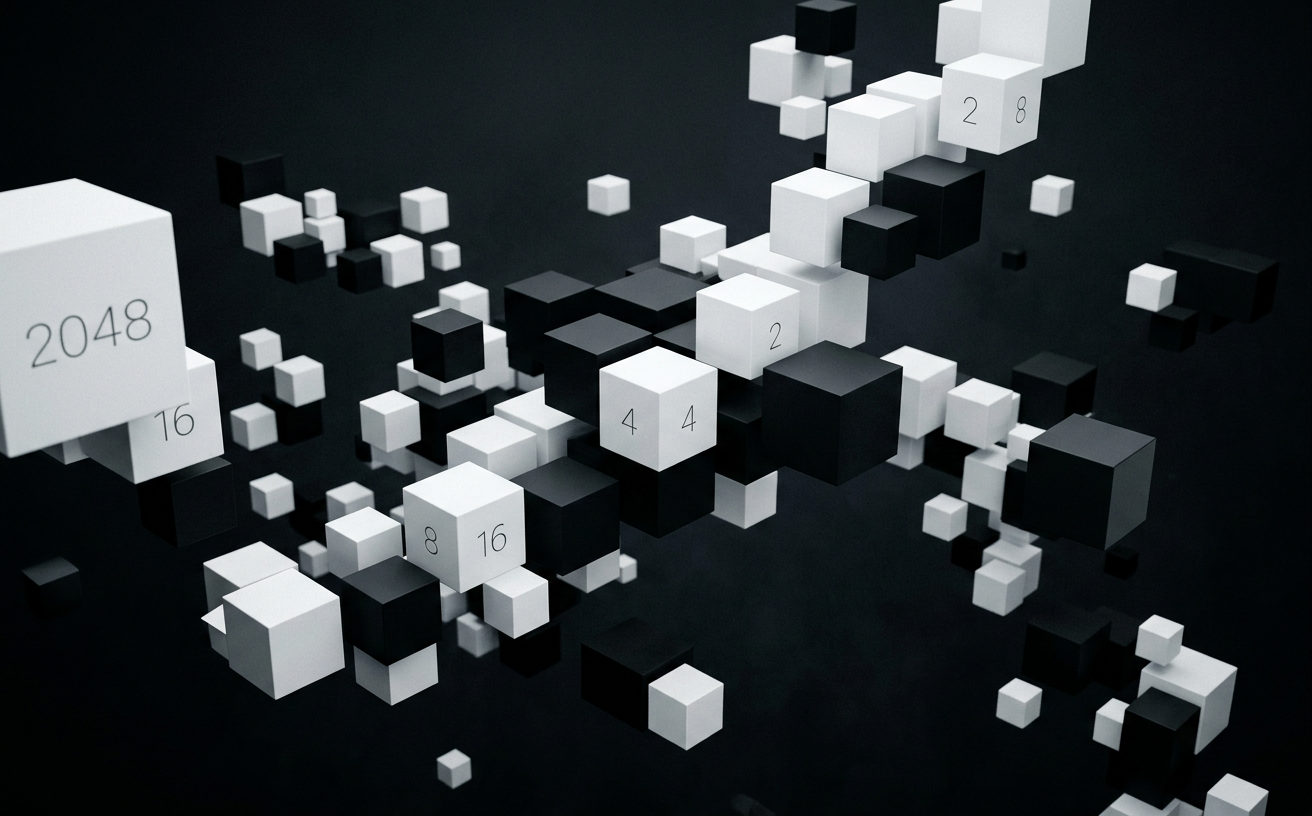 White and black cubes suspended in a void, some engraved with numbers, in a monochrome architectural composition