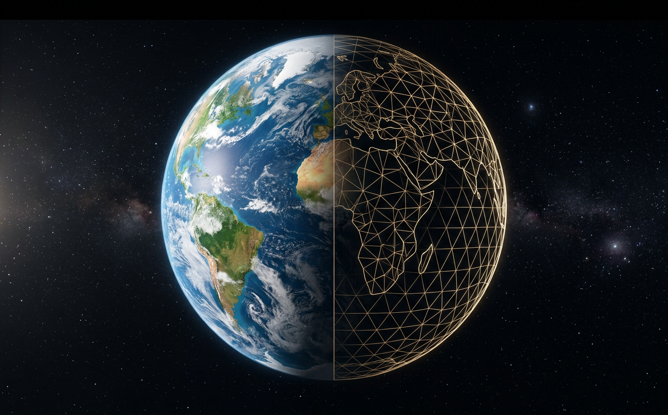 A procedural planet seen from space, half covered in biomes and half drawn as a golden wireframe mesh