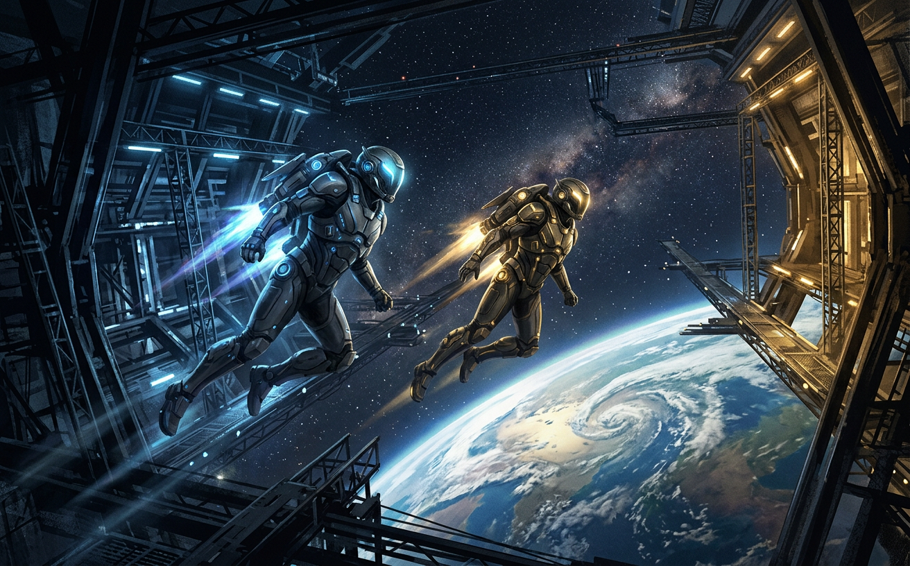 Two armored pilots with thrusters flying through an orbital arena above a planet